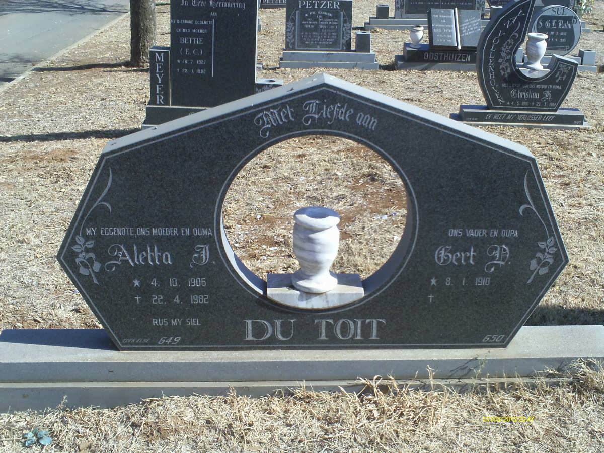 TOIT Gert D., du 1910- &amp; Aletta J. 1906-1982