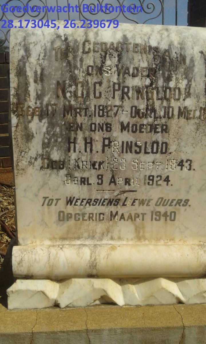 PRINSLOO N.C.G. 1827-1914 &amp; H.H. KRIEK 1843-1924