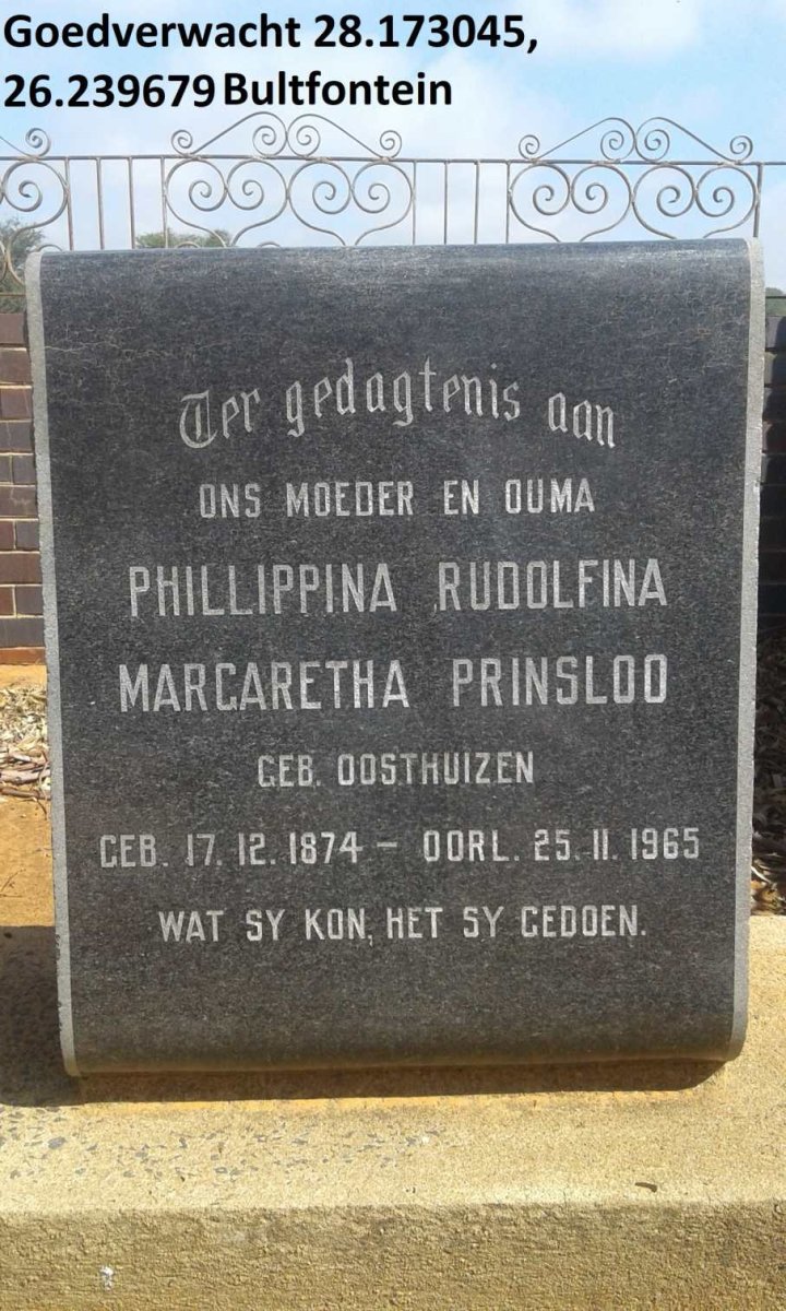 PRINSLOO Phillippina Rudolfina Margaretha nee OOSTHUIZEN 1874-1965