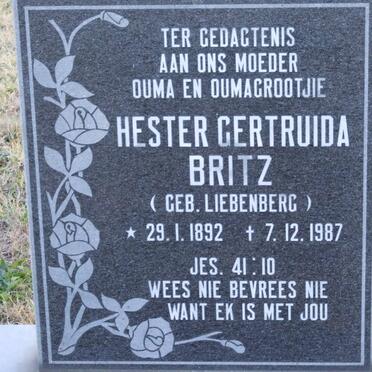BRITZ Hester Gertruida nee LIEBENBERG 1892-1987