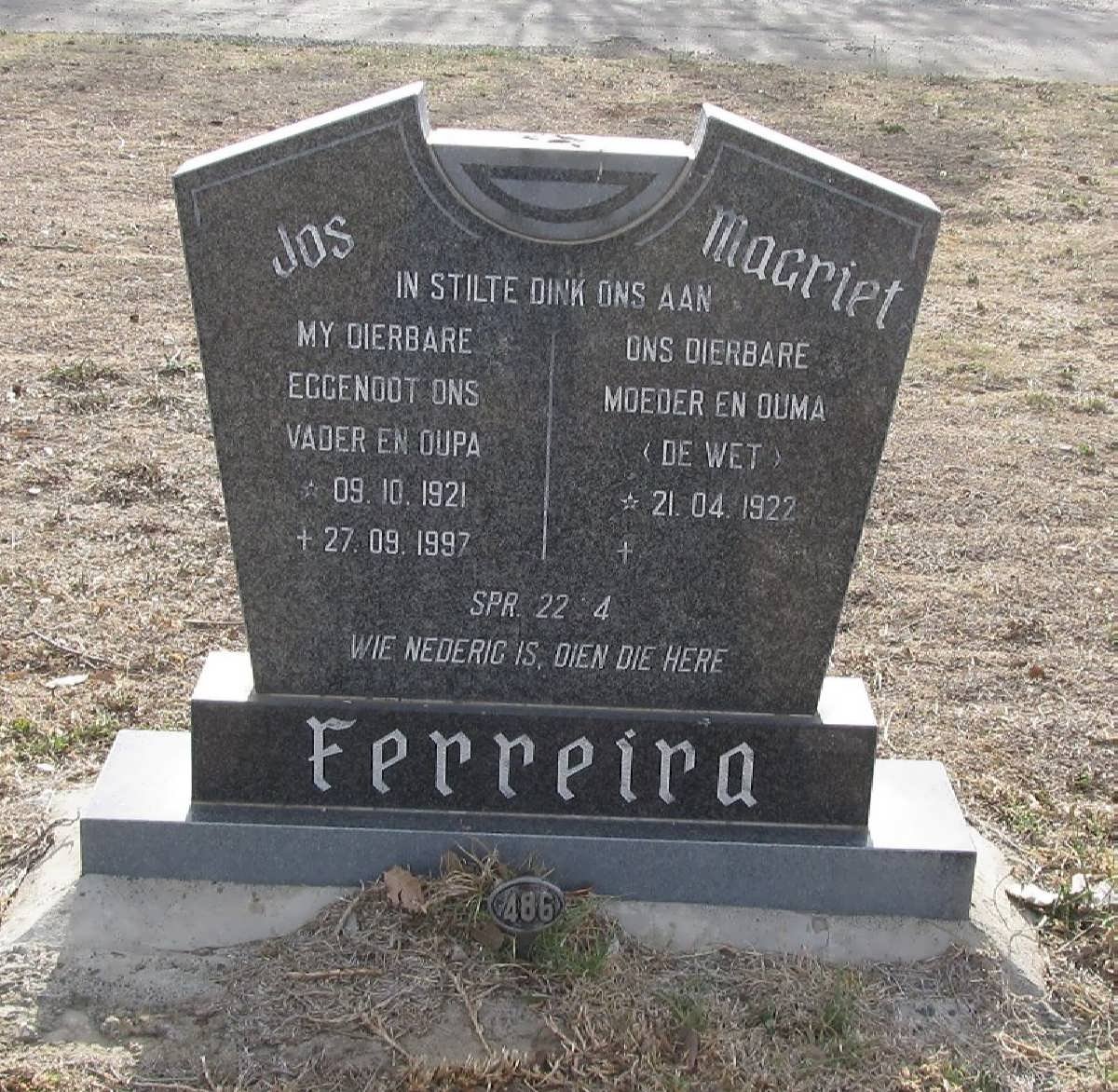 FERREIRA Jos 1921-1997 &amp; Magriet DE WET 1922-