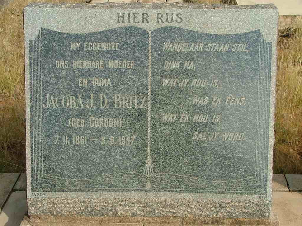 BRITZ Jacoba J.D. nee GORDON 1861-1947