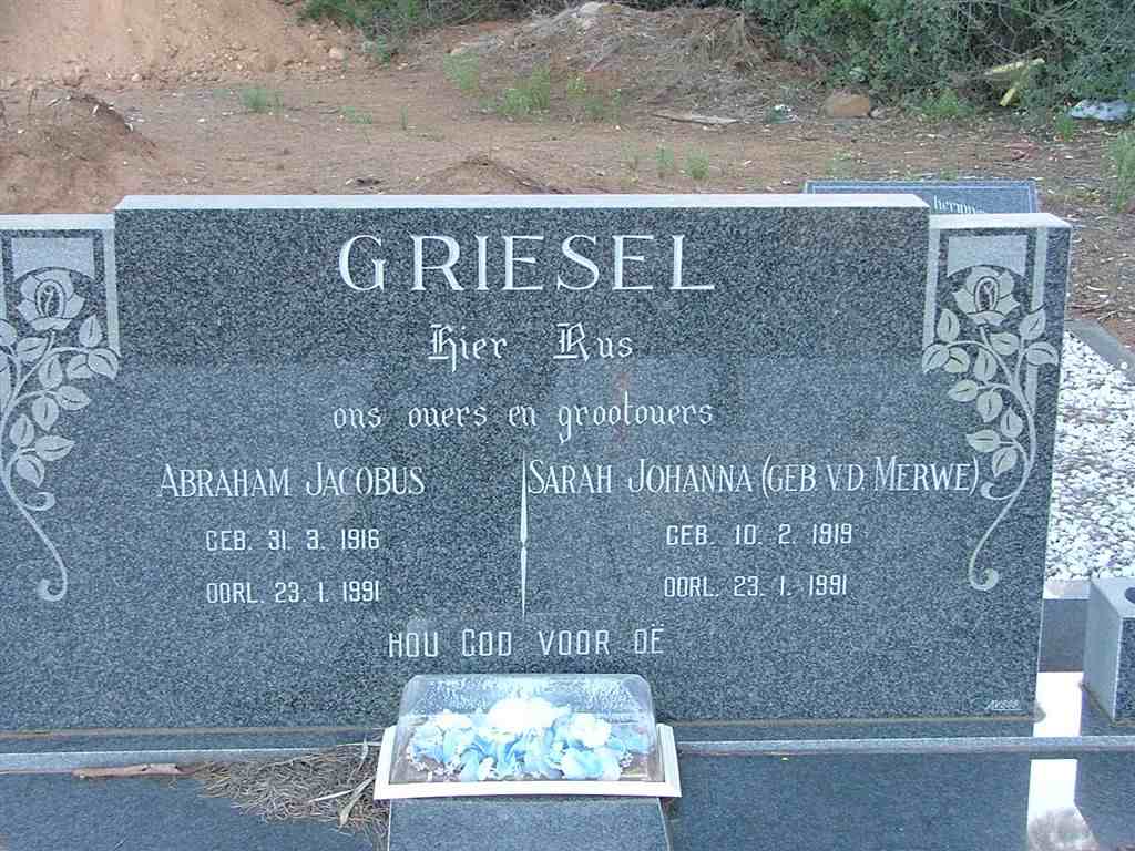 GRIESEL Abraham Jacobus 1916-1991 &amp; Sarah Johanna V.D. MERWE 1919-1991