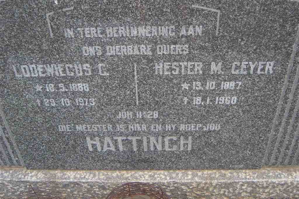 HATTINGH Lodewiecus C. 1888-1973 &amp; Hester M. GEYER 1887-1960