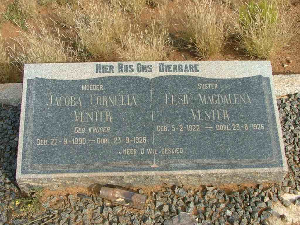 VENTER Jacoba Cornelia nee KRUGER 1890-1926 :: VENTER Elsie Magdalena 1922-1926