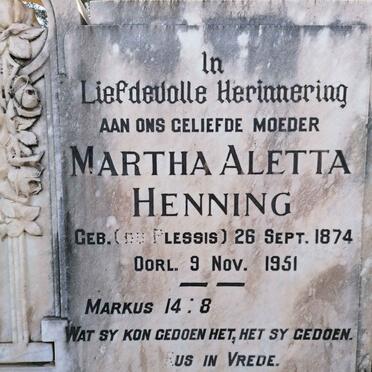HENNING Martha Aletta nee DU PLESSIS 1874-1951