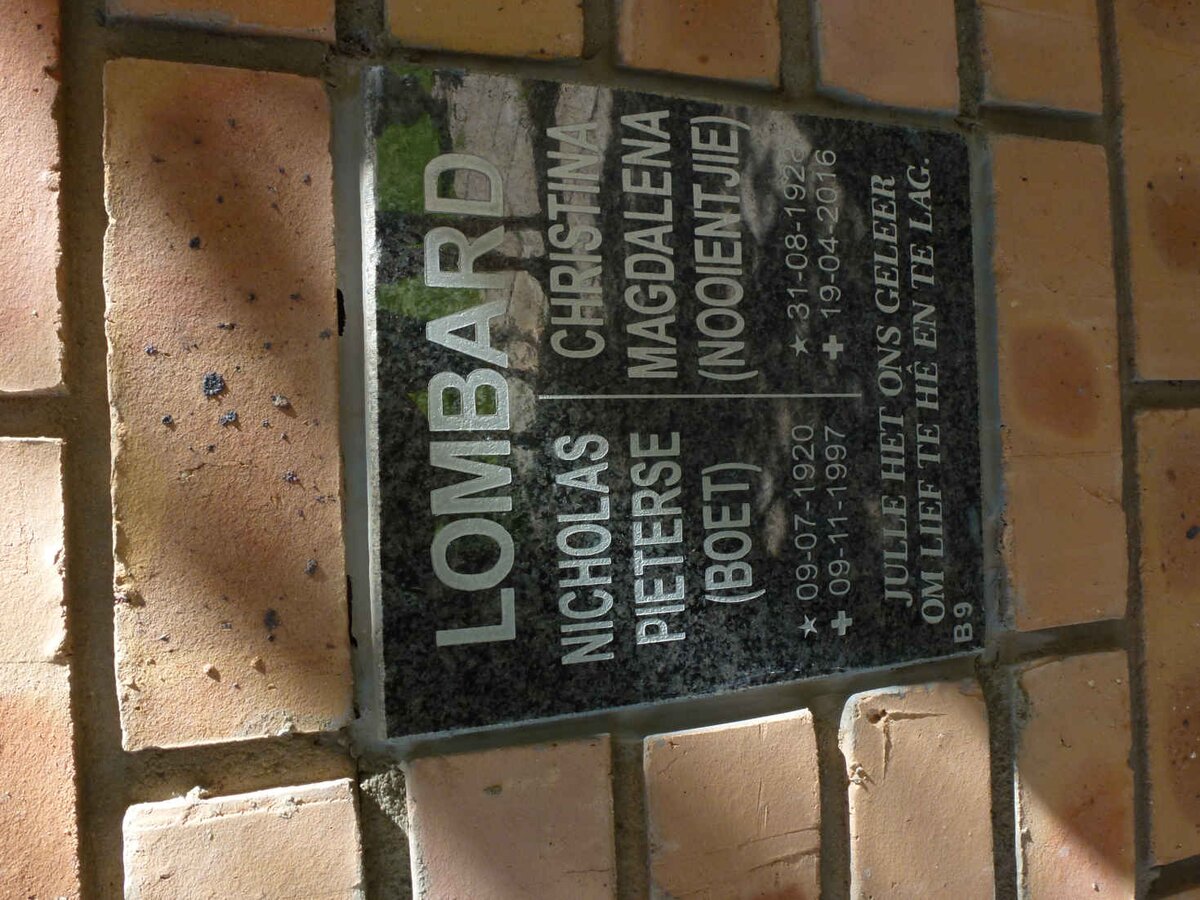 LOMBARD Nicholas Pieterse 1920-1997 &amp; Christina Magdalena 1928-2016