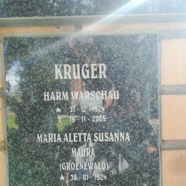 KRUGER Harm Warschau 1924-2005 &amp; Maria Aletta Susanna Maura GROENEWALD 1924-2012