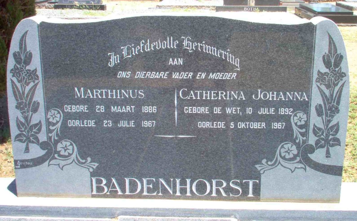 BADENHORST Marthinus 1886-1967 &amp; Catherina Johanna DE WET 1892-1967