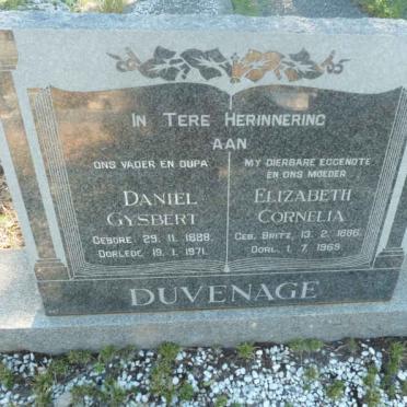 DUVENAGE Daniel Gysbert 1888-1971 &amp; Elizabeth Cornelia BRITZ 1886-1969