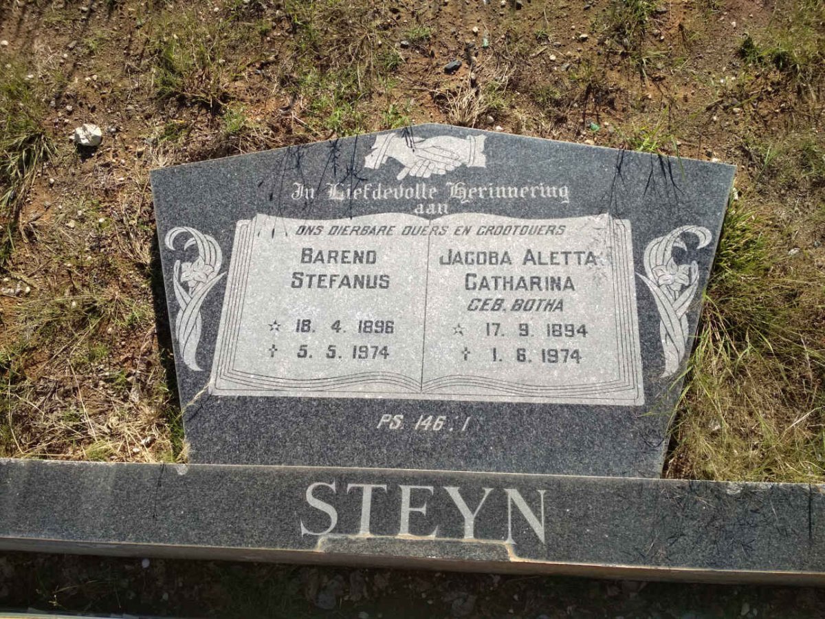 STEYN Barend Stefanus 1896-1974 &amp; Jacoba Aletta Catharina BOTHA 1894-1974