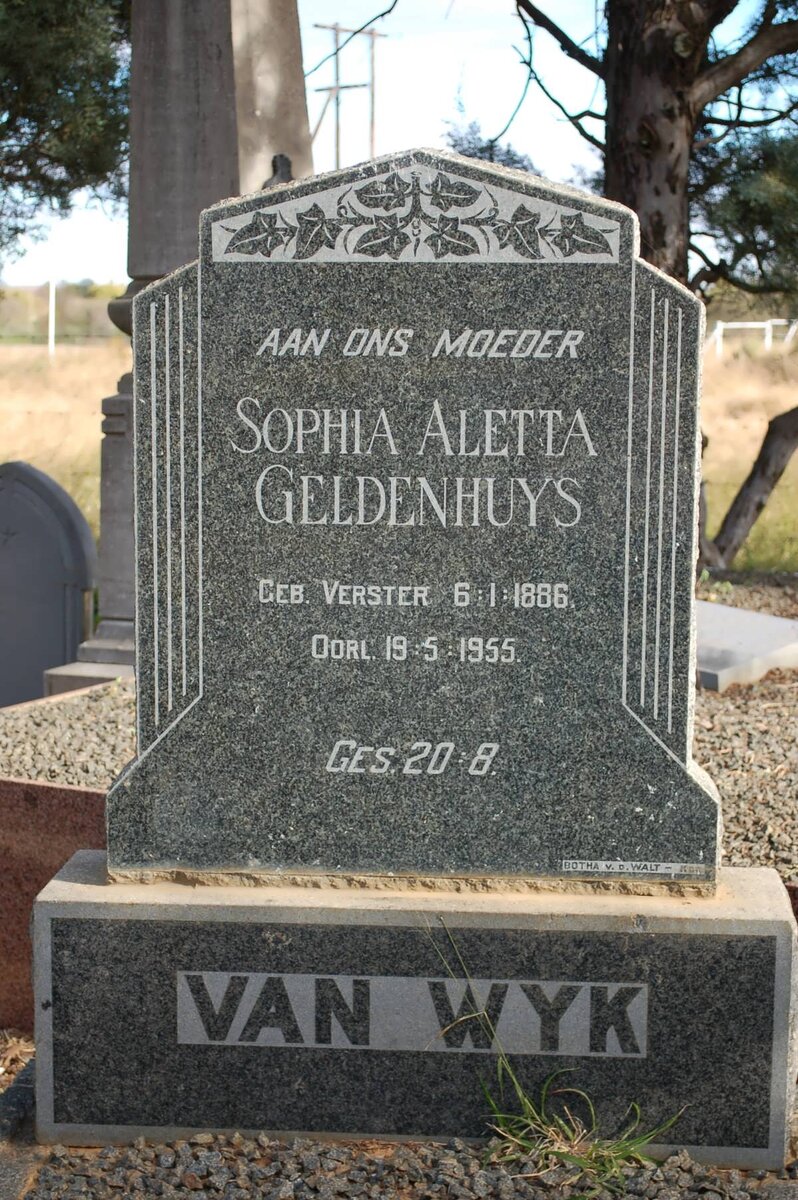 WYK Sophia Aletta, van formerly GELDENHUYS nee VERSTER 1886-1955