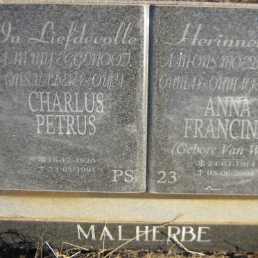MALHERBE Charlus Petrus 1920-1991 &amp; Anna Francina VAN WYK 1914-2004
