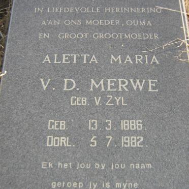 MERWE Aletta Maria, van der nee V. ZYL 1886-1982