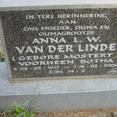 LINDE Anna L.W., van der formerly BOTHA nee MOSTERT 1917-2000