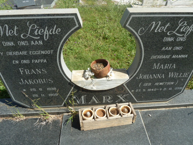 MARX Frans Jakobus 1938-1909 &amp; Maria Johanna Willie HEWETSON 1940-2006