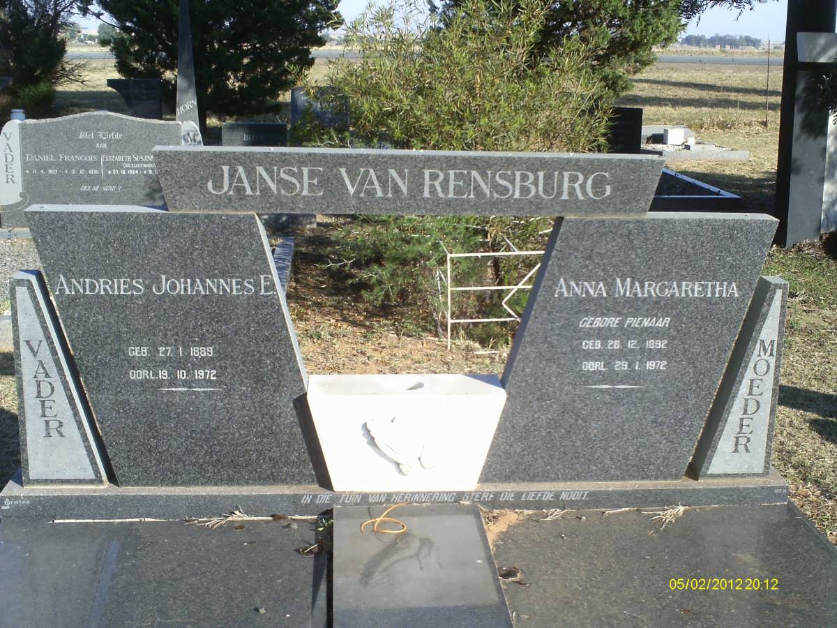 RENSBURG Andries Johannes E., Janse van 1889-1972 &amp; Anna Margaretha PIENAAR 1892-1972