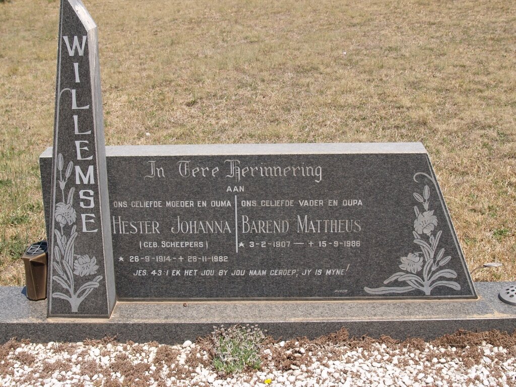 WILLEMSE Barend Matheus 1907-1986 &amp; Hester Johanna SCHEEPERS 1914-1982