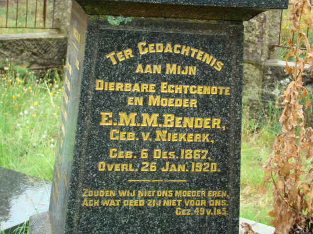 BENDER E.M.M. nee VAN NIEKERK 1867-1920
