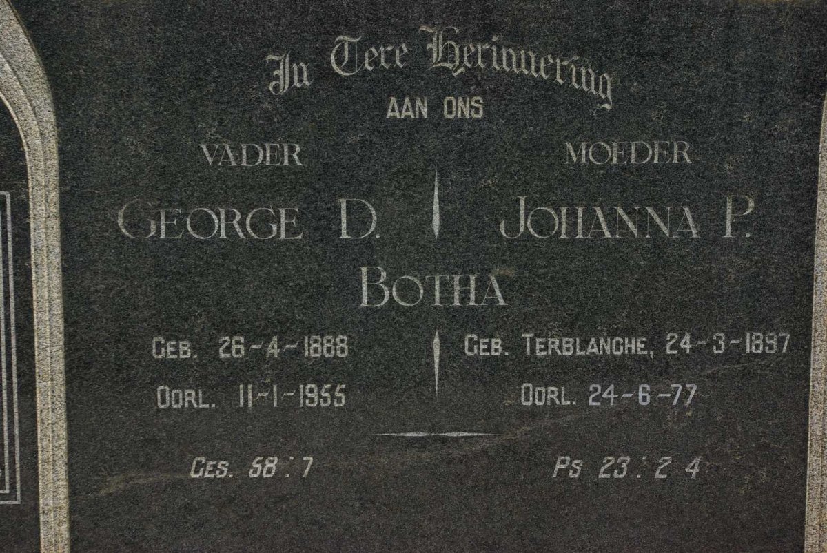 BOTHA George D. 1888-1955 &amp; Johanna P. TERBLANCHE 1897-1977