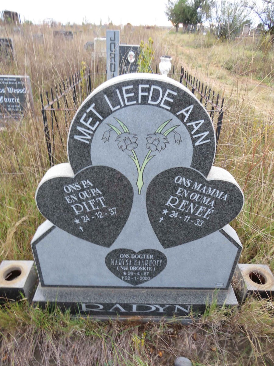 RADYN Piet 1937- &amp; Renee 1933- :: HAARHOFF Maryna nee DROSKIE 1957-2000