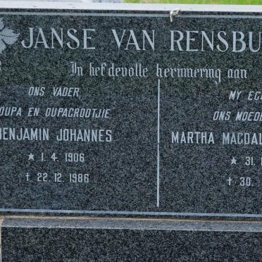 RENSBURG Benjamin Johannes, Janse van 1906-1986 &amp; Martha Magdalena Elizabeth 1905-1985