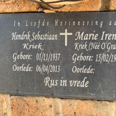 KRIEK Hendrik Sebastiaan 1937-2013 &amp; Marie Irene O'GRADY 1941-