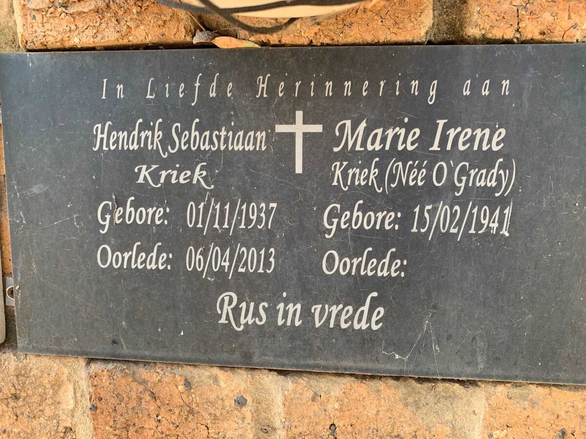 KRIEK Hendrik Sebastiaan 1937-2013 &amp; Marie Irene O'GRADY 1941-