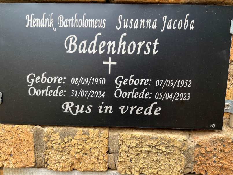BADENHORST Hendrik Bartholomeus 1950-2024 & Susanna Jacoba 1952-2023