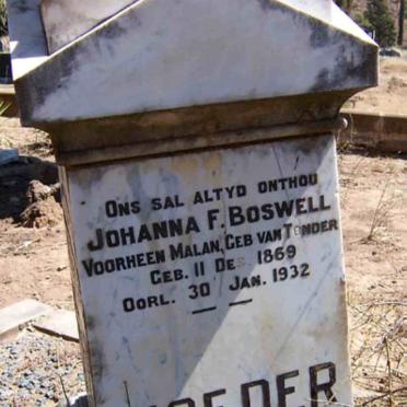 BOSWELL Johanna F., formerly MALAN, nee VAN TONDER 1869-1932