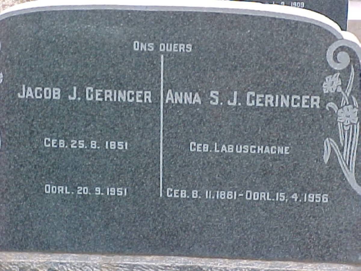 GERINGER Jacob J. 1851-1951 &amp; Anna S.J. LABUSCHAGNE 1861-1956