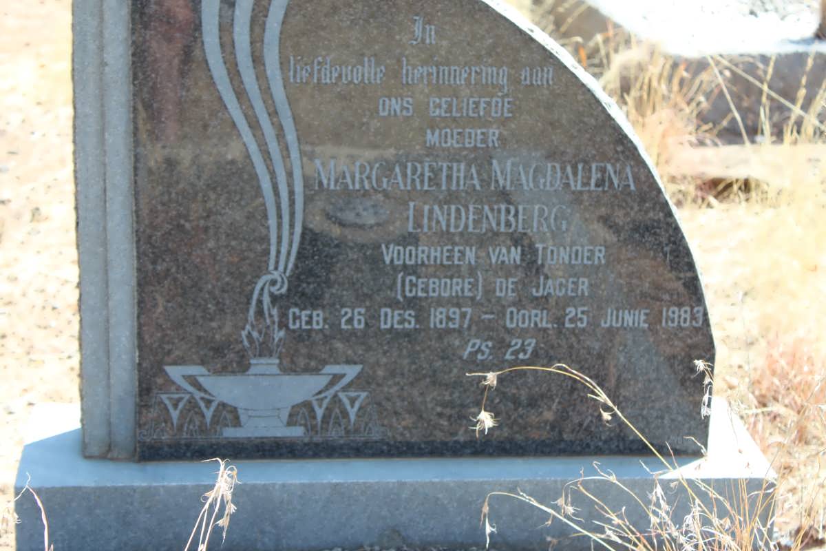 LINDENBERG Margaretha Magdalena formerly VAN TONDER nee DE JAGER 1897-1983