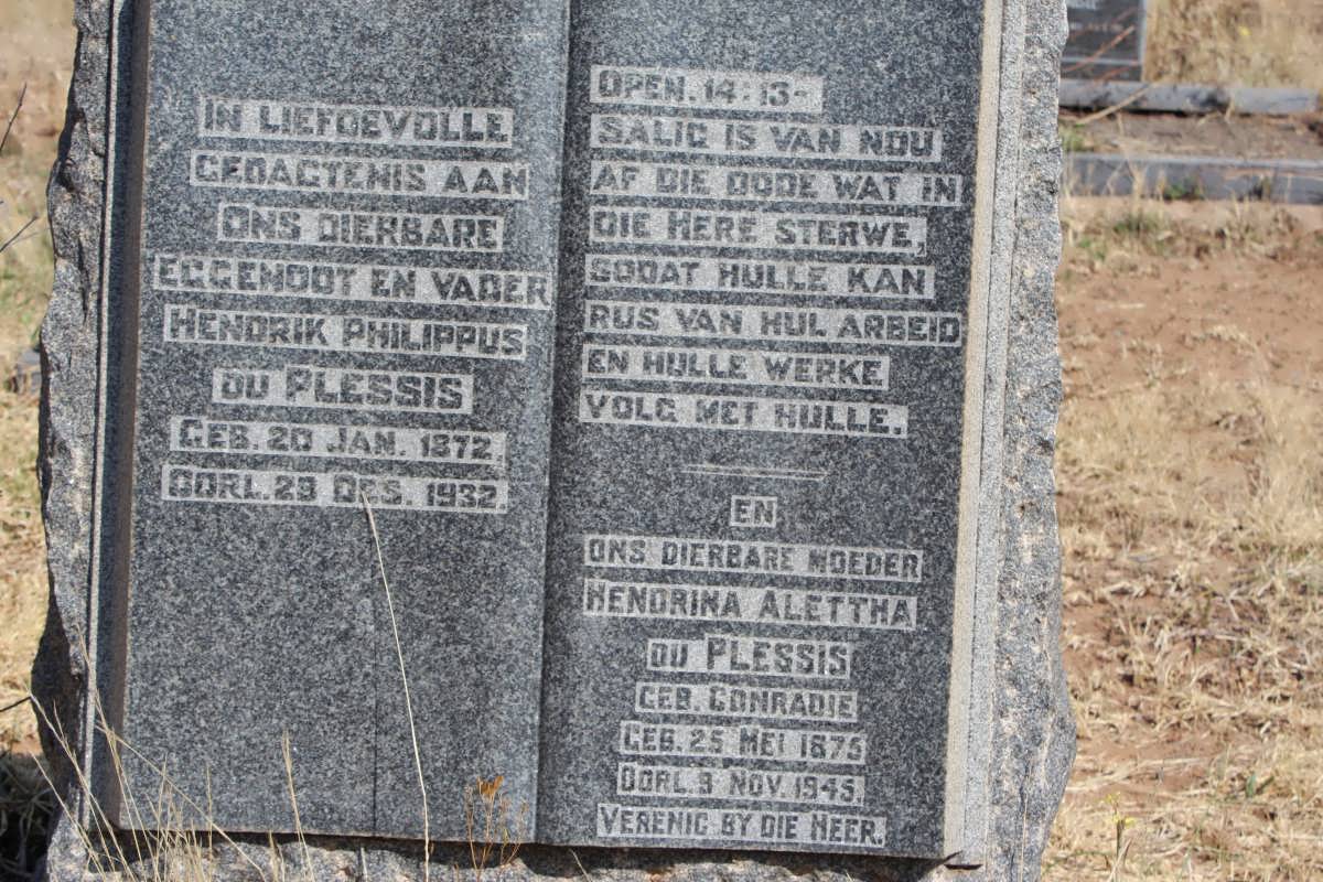 PLESSIS Hendrik Philippus, du 1872-1932 &amp; Hendrina Alettha CONRADIE 1875-1945