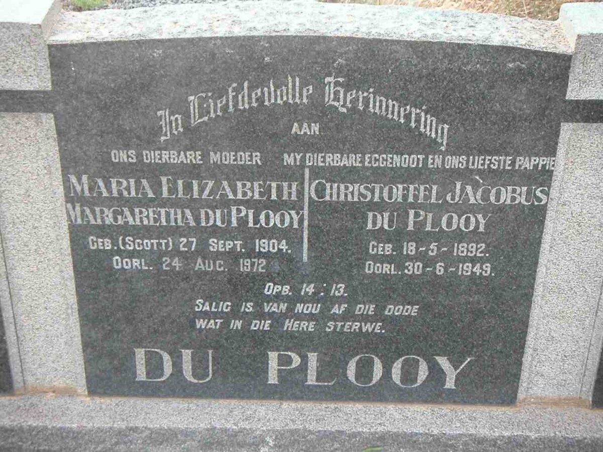 PLOOY Christoffel Jacobus, du 1892-1949 &amp; Maria Elizabeth Margaretha SCOTT 1904-1972