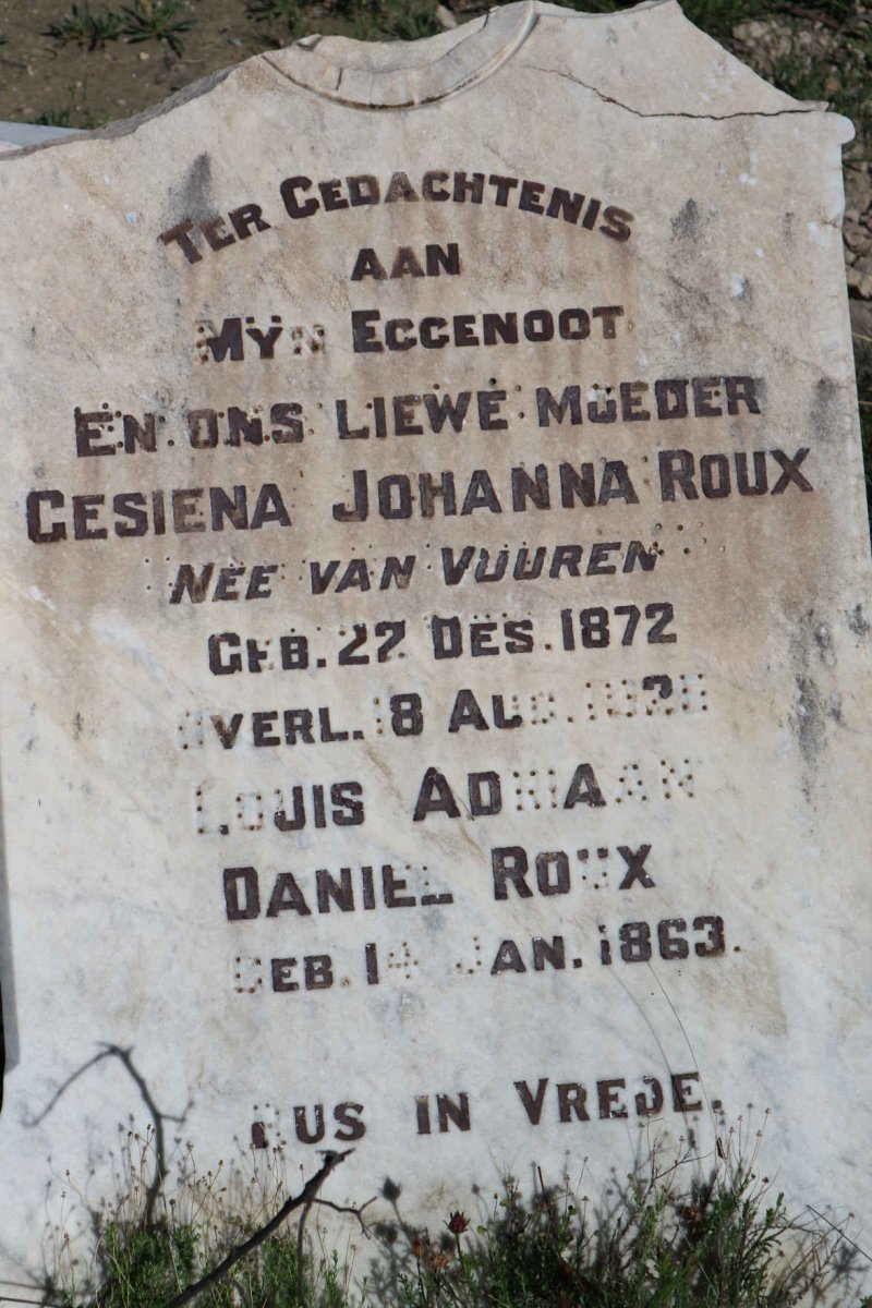 ROUX Louis Adriaan Daniel 1863- &amp; Gesiena Johanna VAN VUUREN 1872-192?