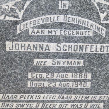 SCHONFELDT Johanna nee SNYMAN 1888-1940