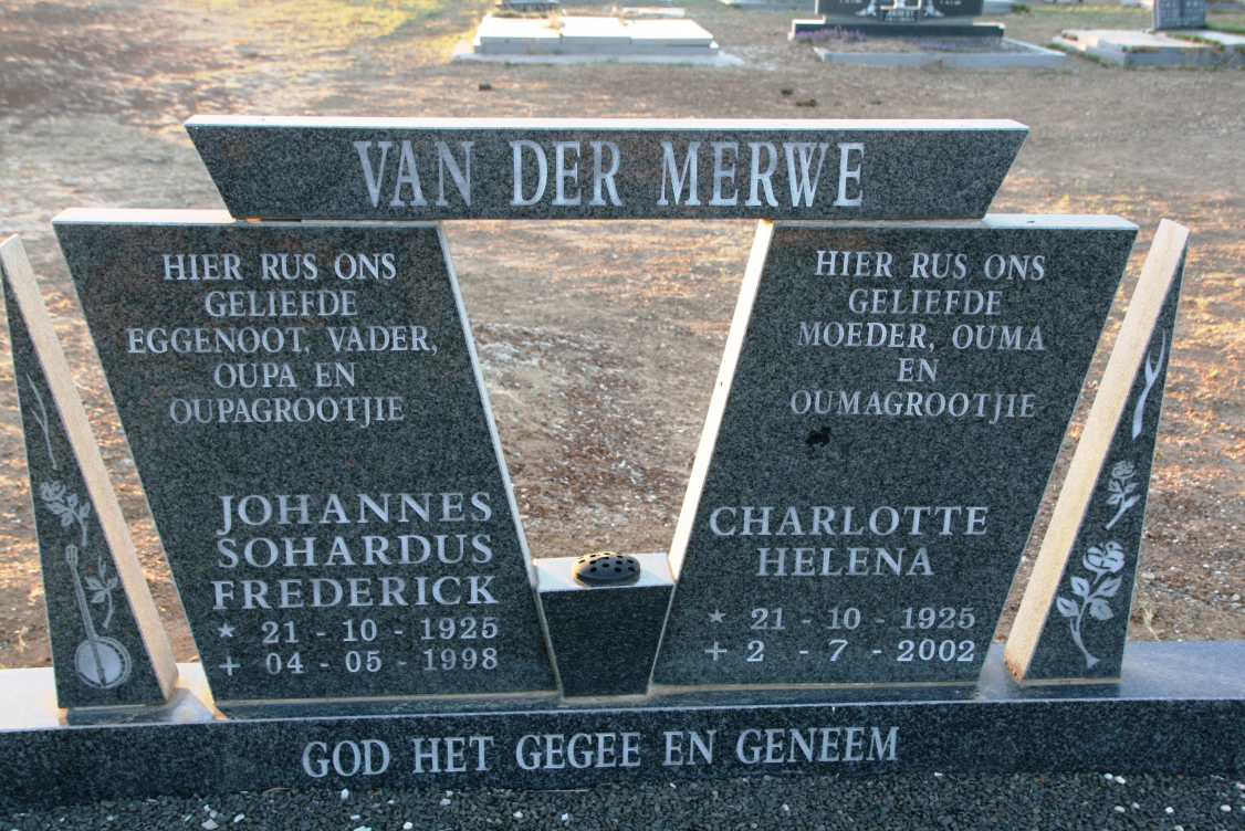 MERWE Johannes Sohardus Frederick, van der 1925-1998 & Charlotte Helena 1925-2002 