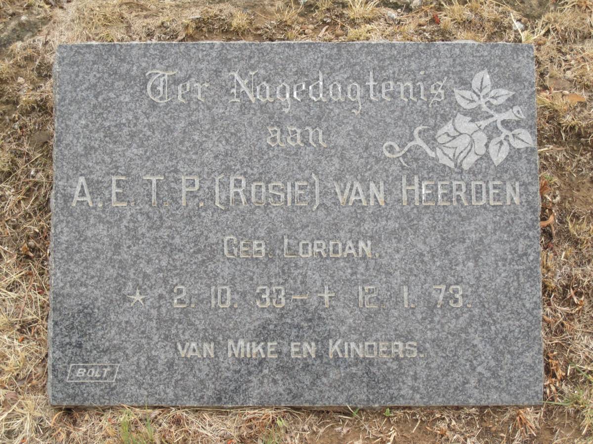 HEERDEN A.E.T.P., van nee LORDAN 1933-1973