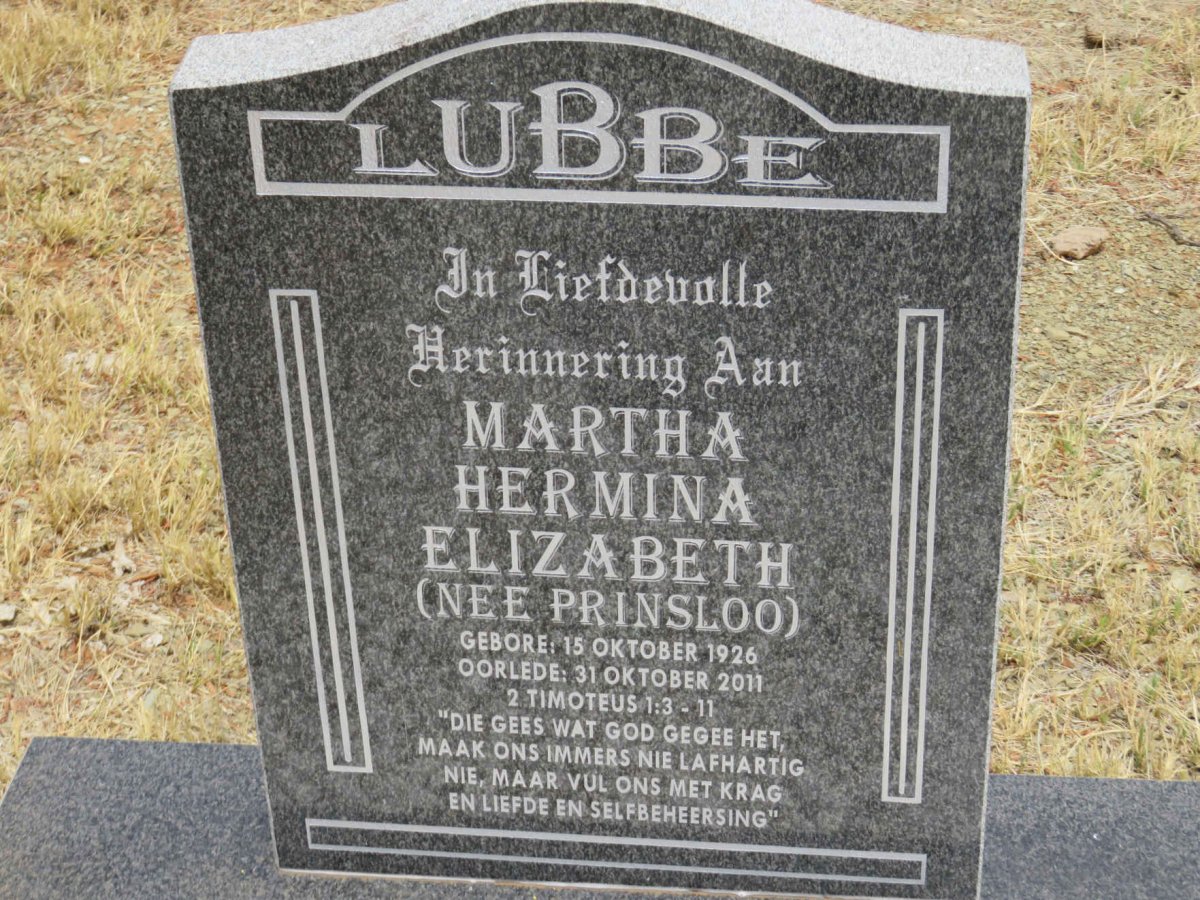 LUBBE Martha Hermina Elizabeth nee PRINSLOO 1926-2011