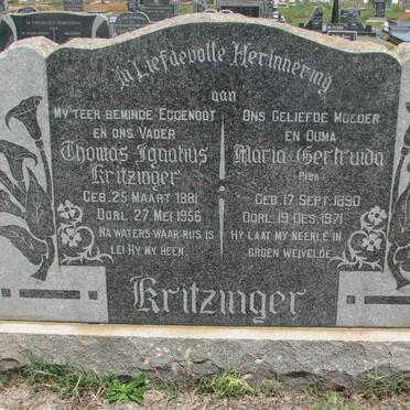 KRITZINGER Thomas Ignatius 1881-1956 &amp; Maria Gertruida PIEK 1890-1971