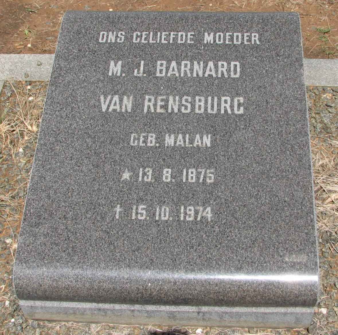 RENSBURG M.J. Barnard, van nee MALAN 1875-1974