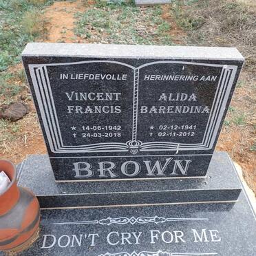 BROWN Vincent Francis 1942-2018 & Alida Barendina 1941-2012