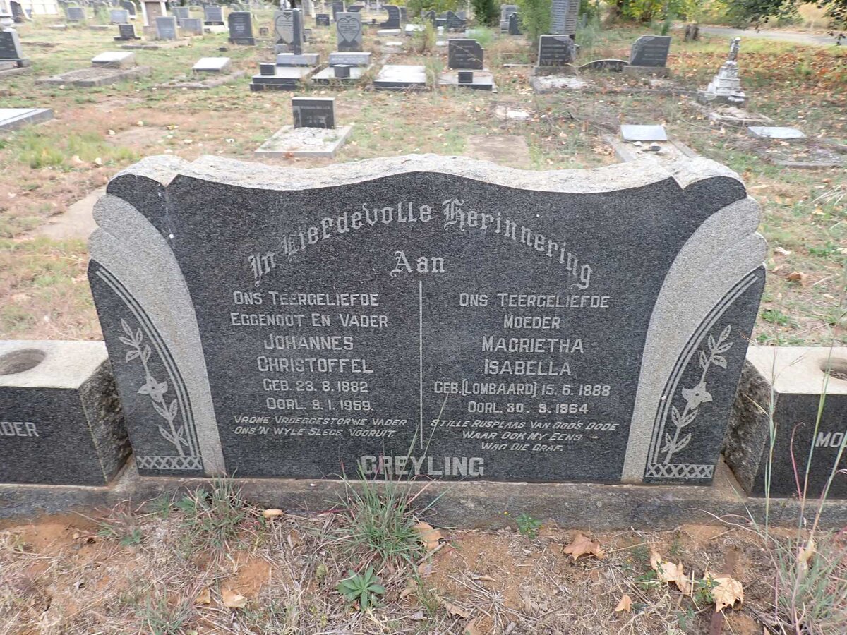 GREYLING Johannes Christoffel 1882-1959 & Magrietha Isabella LOMBAARD 1888-1964