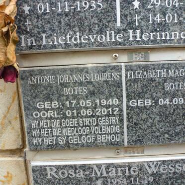 BOTES Antonie Johannes Lourens 1940-2012 &amp; Elizabeth Magdalena 1942-