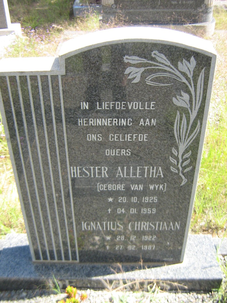 VRIES Ignatius Christiaan, de 1922-1987 &amp; Hester Alettha VAN WYK 1925-1959