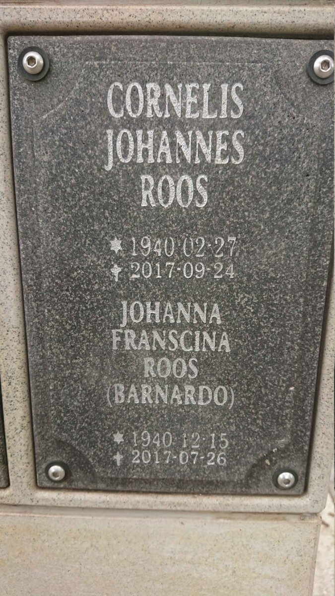 ROOS Cornelis Johannes 1940-2017 &amp; Johanna Franscina BARNARDO 1940-2017