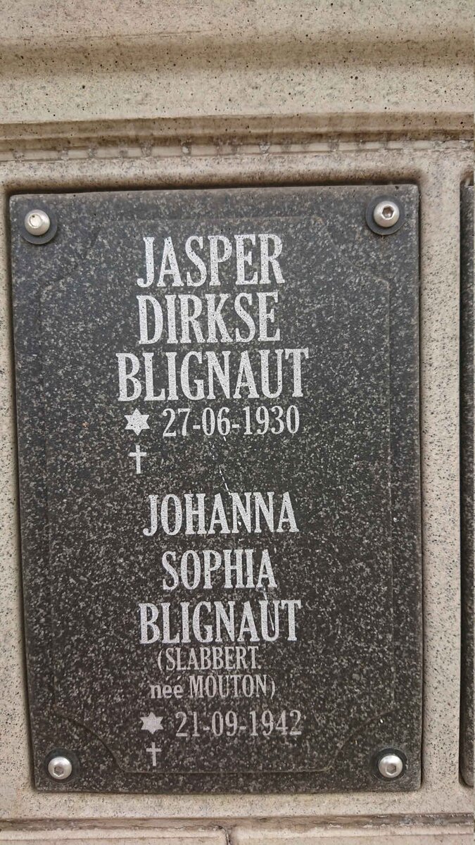 BLIGNAUT Jasper Dirkse 1930- &amp; Johanna Sophia formerly SLABBERT nee MOUTON 1942-