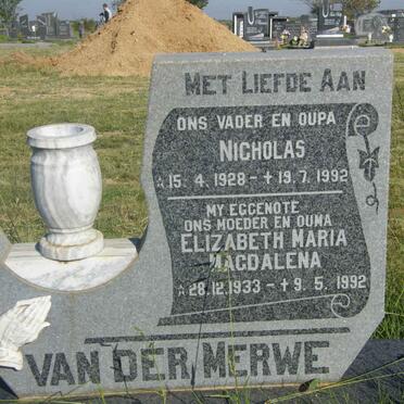 MERWE Nicholas, van der 1928-1992 &amp; Elizabeth Maria Magdalena 1933-1992