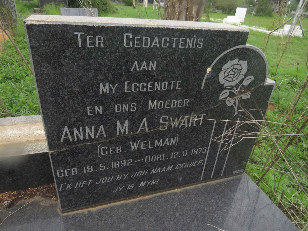 SWART Anna M.A. Formerly BRINK nee WELMAN 1892-1973