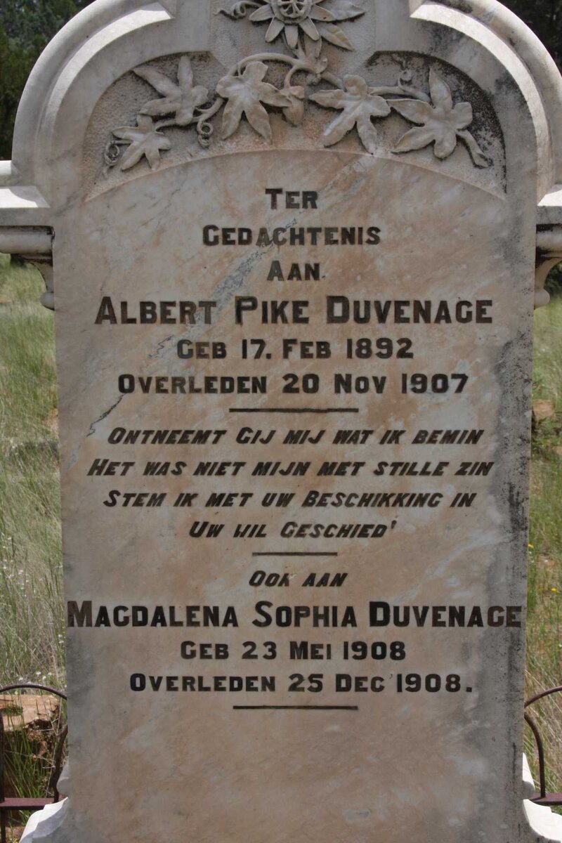 DUVENAGE Albert Pike 1892-1907 :: DUVENAGE Magdalena Sophia 1908-1908